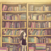 Girl standing in front of a big shelf full of books