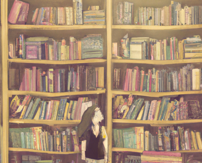 Girl standing in front of a big shelf full of books