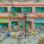 House containing multiple shops connected by an information line