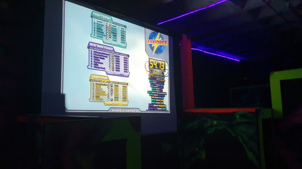 vLeinwand mit farbigen Tabellen und einer Anzeige mit Highscores in einem dunklen Raum mit violettem Licht.
