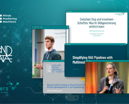 Mehrere überlappende Präsentationsfolien mit Titeln zu KI-Bildgenerierung und Datenpipelines sowie zwei Personen, die jeweils vor einem Mikrofon sprechen