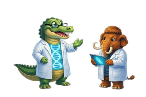 Ein Krokodil und ein Mammut in weißen Laborkitteln, das Krokodil trägt eine Brille und ein T-Shirt mit DNA-Doppelhelix, das Mammut hält ein leuchtendes Tablet