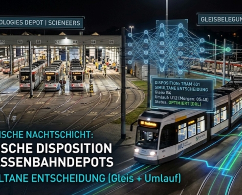 Straßenbahndepot bei Nacht mit mehreren abgestellten Straßenbahnen und einer fahrenden Straßenbahn, überlagert von digitalen Grafiken zur dynamischen Disposition und Gleisbelegung.