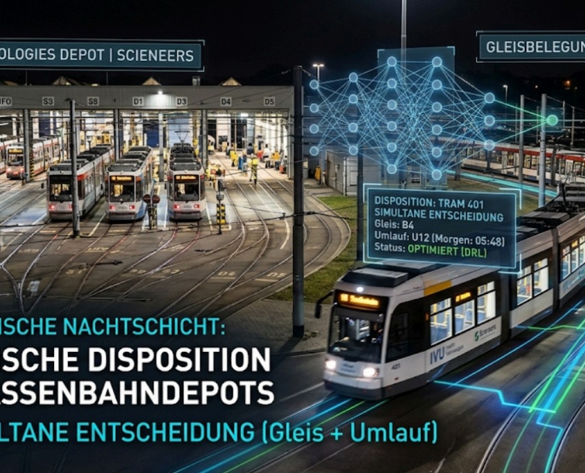 Straßenbahndepot bei Nacht mit mehreren abgestellten Straßenbahnen und einer fahrenden Straßenbahn, überlagert von digitalen Grafiken zur dynamischen Disposition und Gleisbelegung.