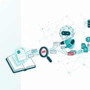 Illustration eines offenen Buchs, das mit einer Lupe, einem Roboterkopf, Datenbank- und Chat-Symbolen verbunden ist, die durch Linien und Punkte vernetzt sind