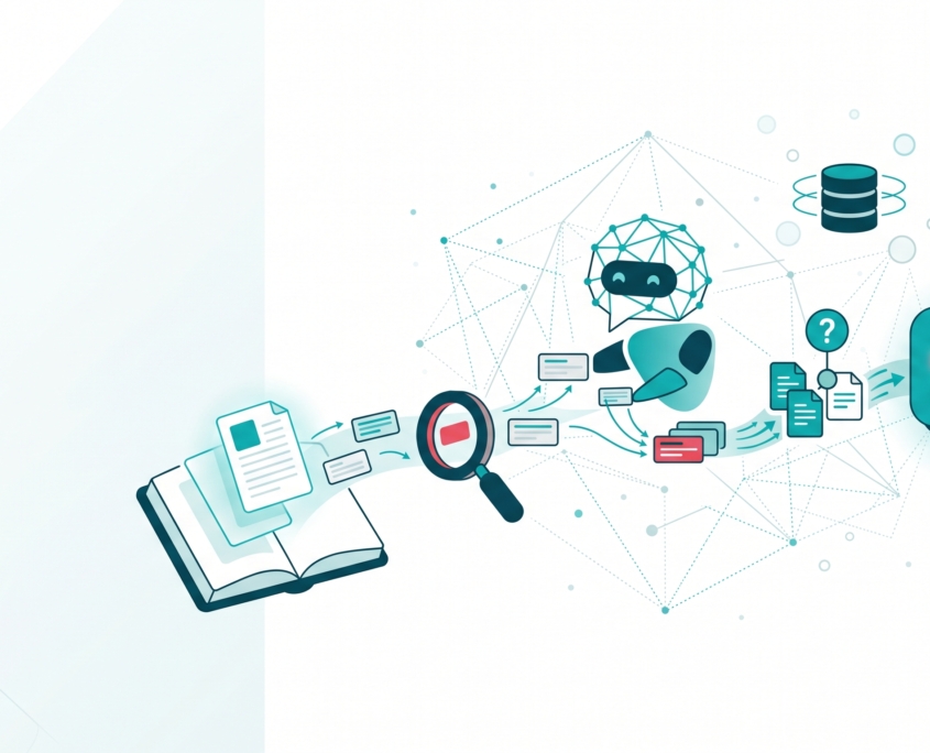 Illustration eines offenen Buchs, das mit einer Lupe, einem Roboterkopf, Datenbank- und Chat-Symbolen verbunden ist, die durch Linien und Punkte vernetzt sind