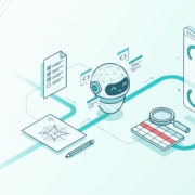 Illustration eines lächelnden Roboters mit verbundenen Diagrammen, Tabellen und einer Lupe auf einem Bildschirm
