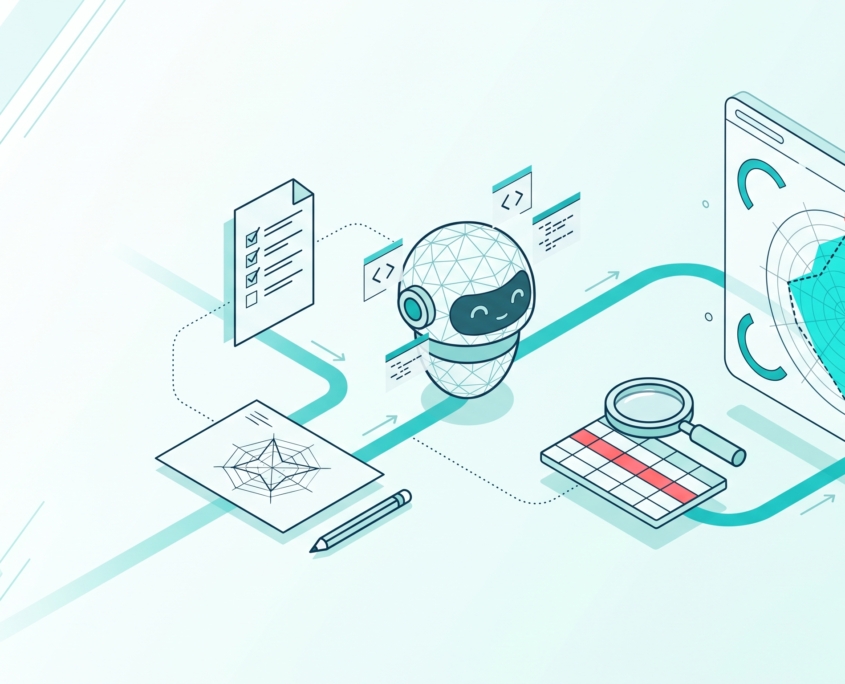 Illustration eines lächelnden Roboters mit verbundenen Diagrammen, Tabellen und einer Lupe auf einem Bildschirm